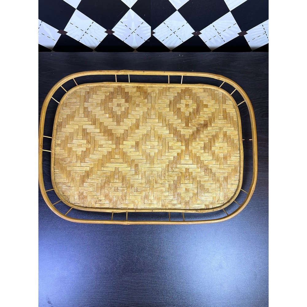 Vintage Woven Bamboo Tray Rattan Gallery Edge 19x14 Inch - Picture 10 of 15